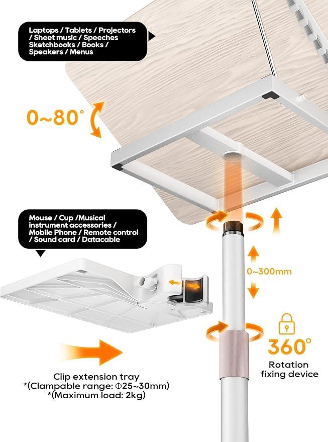 2 in 1 Adjustable Book Stand - Dual-Use Floor and Desktop Book Holder Stand, Height Adjustable 23.5-52 in, Elastic Page Clips for Music Sheet, Recipe, Tablet, Laptop-White