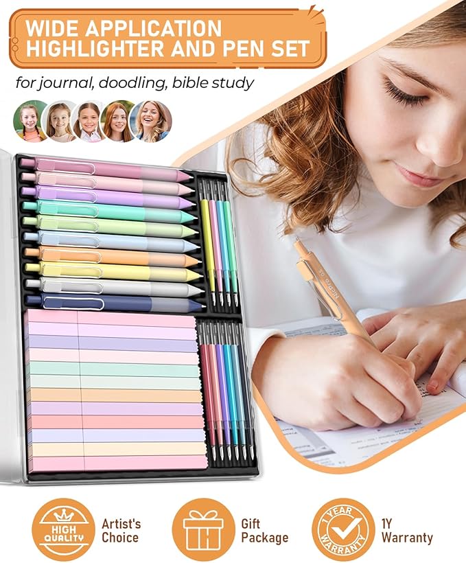 Nicpro 33PCS Aesthetic Highlighter and Gel Pen set with Case, 12 Bible Highlighters & Cute Pens Refills With Soft Ink & Tip, No Bleed Quick Dry for Bible Study Journaling Planner Notes School Supplies