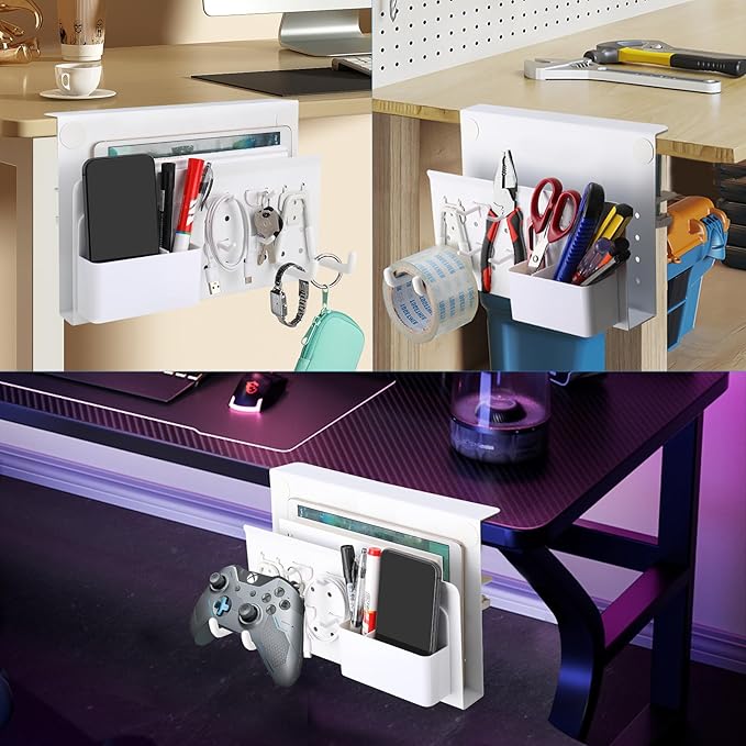 Desk Side Storage with Pen Holder & Hanging Hooks, No Drill Hanging Desk Organizer Under Desk Storage Mount, Clamp-On Laptop Holder Table Side Tray for Office and Home (White)