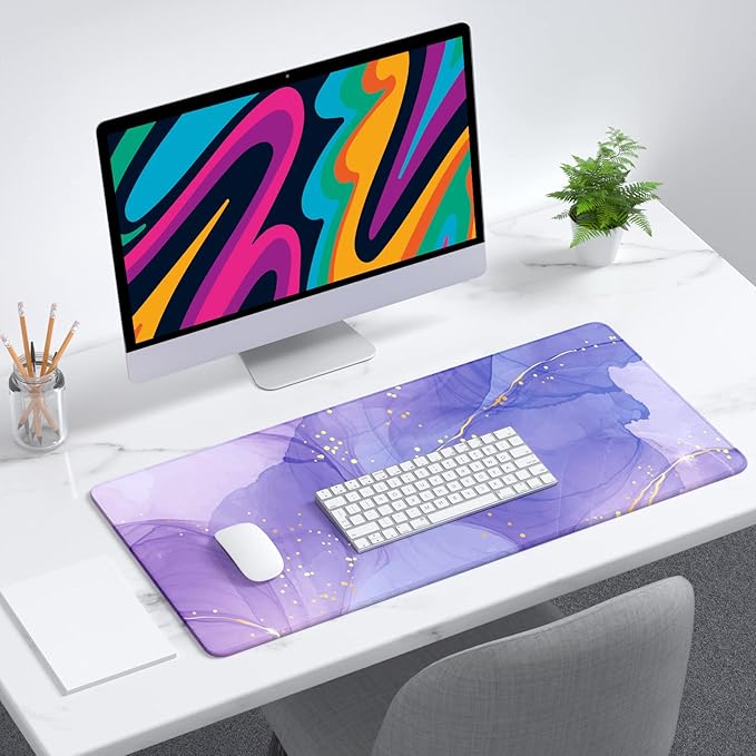 Desk Mat, 32" x 12" XXL Extended Large Gaming Mouse Pad, Desktop Decor Desk Pad, Cute Men Women Office Supplies and Accessories, XL Mouse Mat for Laptop & Keyboard, Minimalism Purple Marble