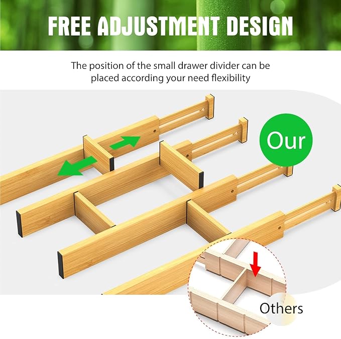 ANTOWIN Bamboo Drawer Dividers, Expandable Drawer Separators Splitter, 17-22 inches Adjustable Spring-loaded Organizer for Large Utensil, Clothes, Tools Drawers, 6 Pack Dividers + 4 Pack Baffle