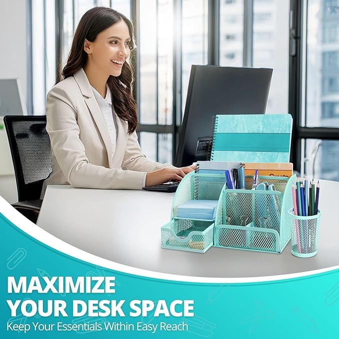 Flexzion Desk Caddy Organizer Set (Green) - Metal Mesh Desktop Caddy with Drawers, 6 Compartments, and Pencil Holder for Women & Men - Desktop Organizer and Storage for Work or Office Supplies