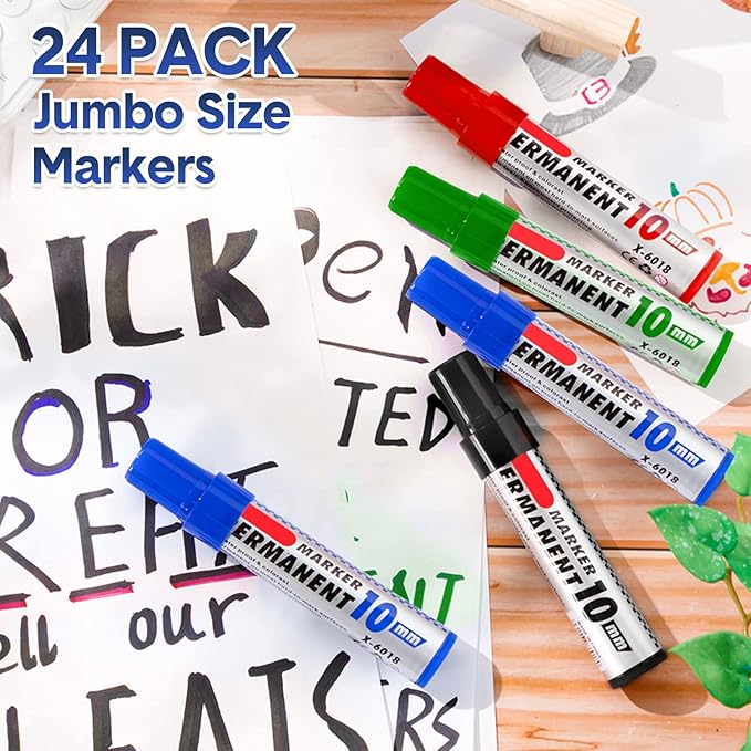 Thenshop 24 Pack Jumbo Size Permanent Markers Bulk Permanent Marker Set Chisel Tip Pens Waterproof for Industrial Use Work on Wood Metal Plastic Stone Glass(Black, Blue, Red and Green)