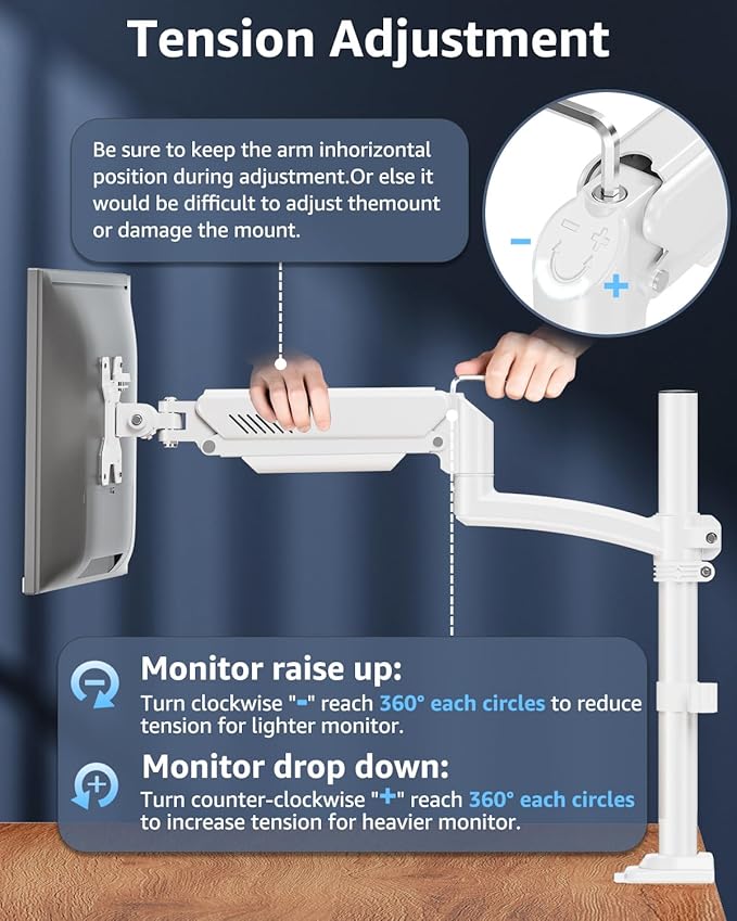 Single Monitor Arm Holds 4.4-22lbs, Monitor Stand for Desk, Height Adjustable Monitors Mount for 32 27 24 22inch, Full-Motion Monitors Desk Mount with C-Clamp&Grommet Base, Freelift White