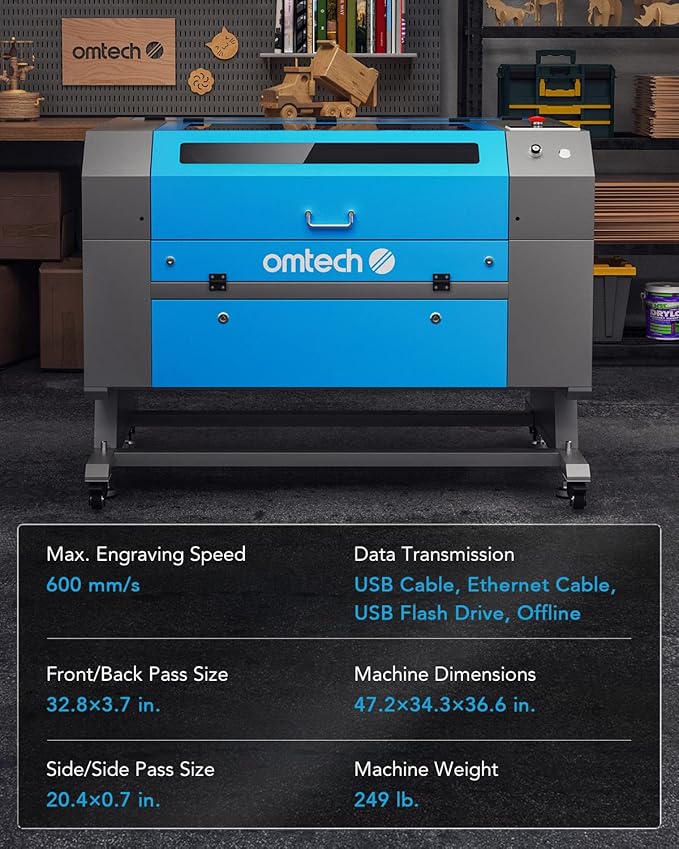 OMTech 60W CO2 Laser Engraver with LightBurn & Water Chiller, 20"x28" Laser Engraving Cutting Machine with Autofocus Autolift 4 Way Pass Air Assist, Commercial Laser Cutter for Wood Glass Acrylic More