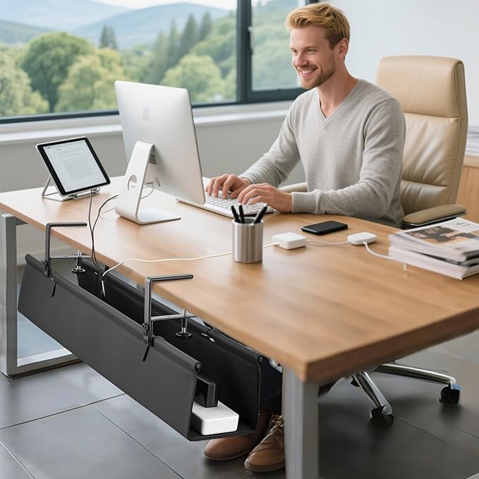 Desk Cable Management Tray, Fabric Cable Organizer, No Drill Large Clamp/Screw Mount Wire Organizer-Support Up to 30lbs, Standing Desk Cable Management for Office Home (Black,36 Inch)