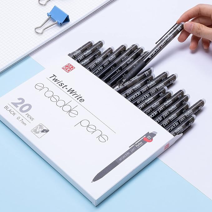 ParKoo Retractable Erasable Gel Pens, 20 Black Twist Pens, Fine Point 0.7 mm, Make Mistakes Disappear, Smooth Writing with Comfortable Grip for Journaling Drawing, School Supplies