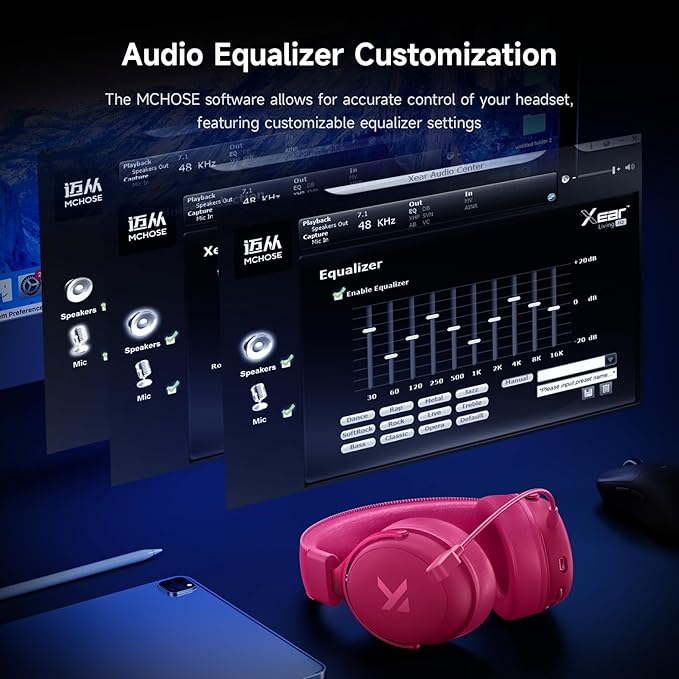 MCHOSE V9 PRO Wireless Gaming Headset 7.1 Surround Sound for PS5 PS4 PC Switch TOPSPEED Gaming Headphones, Noise Canceling Mic, 250Hr Battery, Low 15ms Latency, Lightweight, BT 5.3 FPS Games Rose&Red