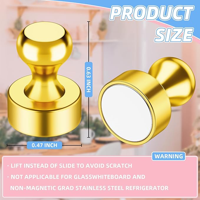VNDUEEY 20 Pcs Refrigerator Magnets, Gold Metal Push Pin Magnets, Small Strong Magnets for Whiteboard, Fridge Magnets, Office Classroom Map Magnet