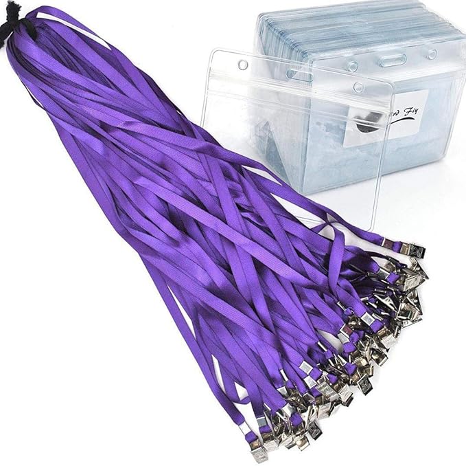 Bird Fiy Lanyards with id Holder Name Badges 50 Pcs Waterproof Type Clear Plastic Horizontal Name Tag Badge Id Card and 50 Pcs Lanyard (Purple)