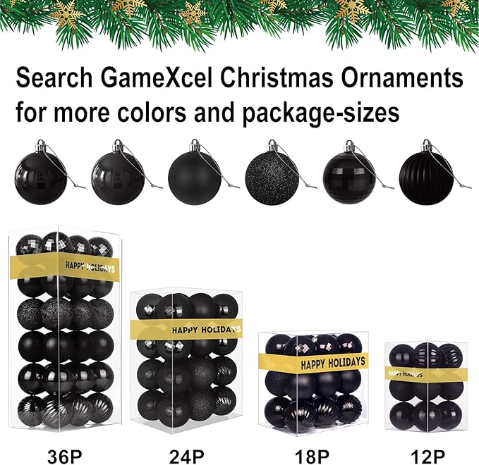 Black 2.5" Christmas Balls Christmas Tree Decoration Ornaments Shatterproof Hanging Balls for Birthday Halloween Holiday Wedding Decorations Set of 24pcs