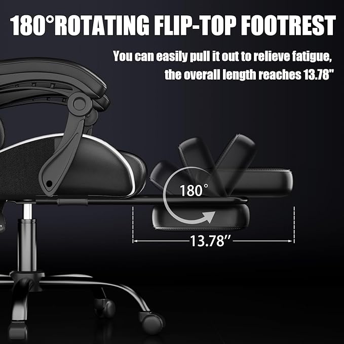 Gaming Chair, Ergonomic Office Computer Chair with Footrest and Lumbar Support Massager Racing Style High Back Video Gamer Chair, Wide&Thick Cushion, 90°-135° Recline, Adjustable Height, White