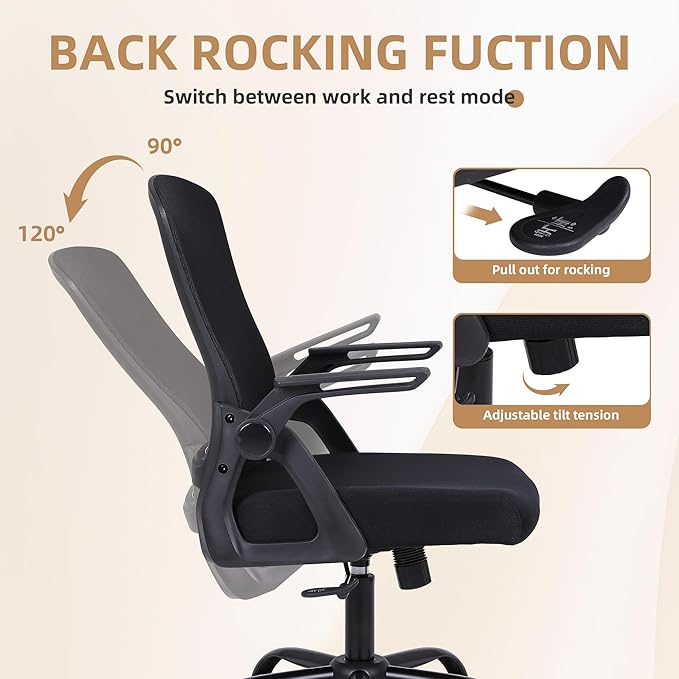 Office Chair, Ergonomic Desk Chair with Lumbar Support, Breathable Mesh Chair with Flip-up Armrests and Mid Back, Comfy Task Computer Height Adjustable Swivel Chair (2, Black)