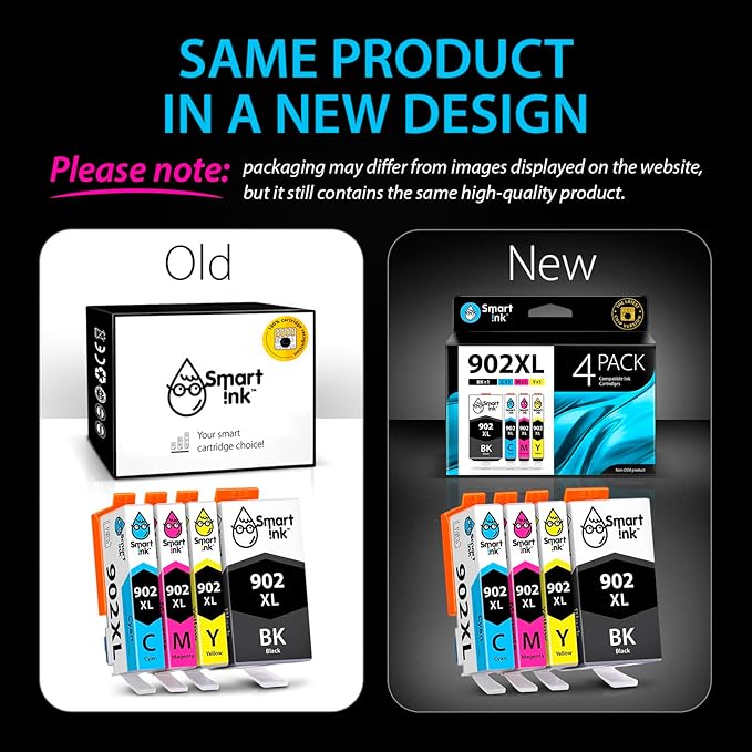 Smart Ink Compatible Ink Cartridge Replacement for HP 902 XL 902XL (4 Combo Pack) to use with Officejet Pro 6978 6968 6974 6975 6960 Officejet 6951 6954 6956 6958 Printers