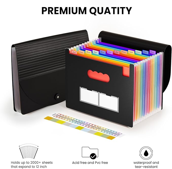Sooez Accordion File Organizer, 13 Pockets Expanding File Folder, Portable Monthly Paper Bill Tax Receipt Organizer, Letter A4 Size Document Holder with Blank Labels, Black