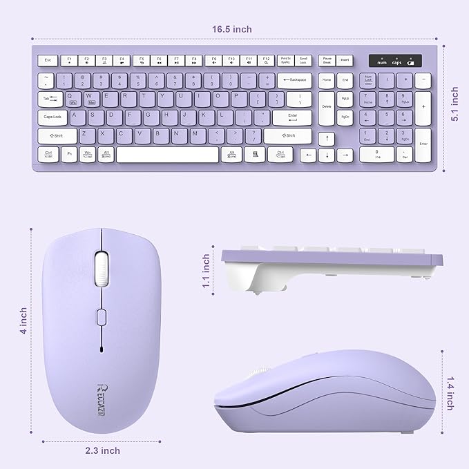 Wireless Keyboard and Mouse Combo, Full-Sized Wireless Keyboard and Adjustable DPI Mouse, 2.4GHz USB Receiver, Silent Keyboard and Mouse for PC, Windows, MAC, Desktop, Laptop(Purple)