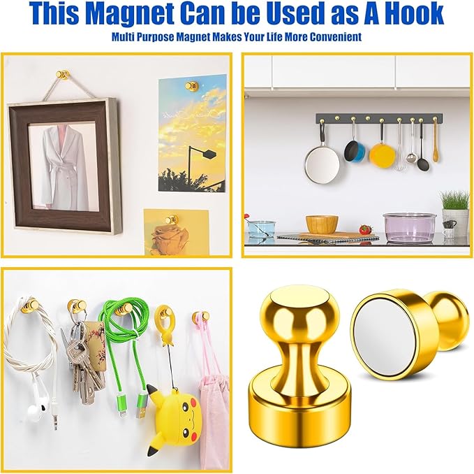 Grtard 8 Pack Magnetic Push Pins, Gold Fridge Magnets for Whiteboard, Whiteboard Magnets Refrigerator Magnets, Small and Strong Push Pin Magnet for Office, School, Locker, and Map Magnet