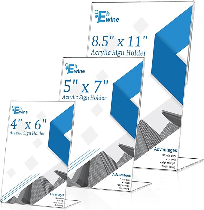 EHWINE 24 Pack 5 x 7 Acrylic Sign Holder, Clear Plastic Signs Display Stand, Vertical Slanted Back Paper Holder Stand up Table Top Sign Holders Flyer Stand Frames Suitable for Office Business Store