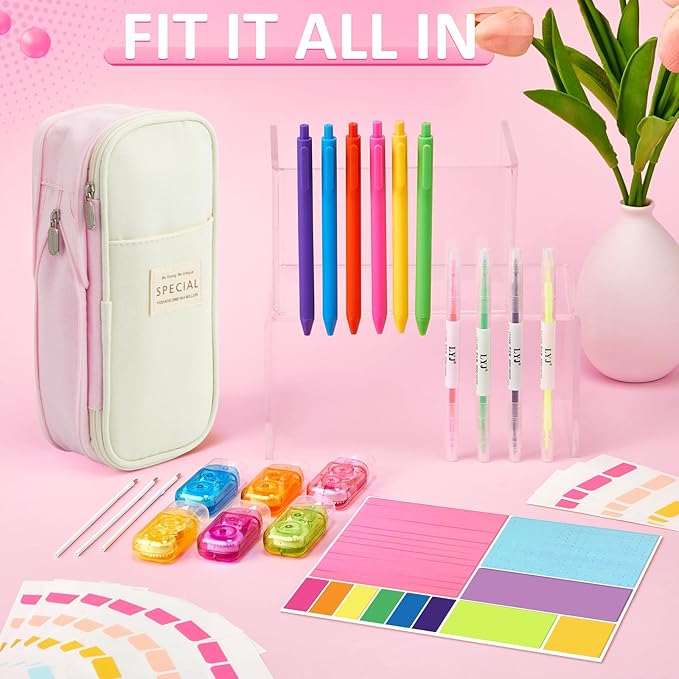 Janlaugh 38 Pcs Aesthetic College School Supplies with Pen Case Sticky Notes Gel Pens Highlighters Correction Tapes Back to School Stationery Kit(Neon Color,Vibrant)