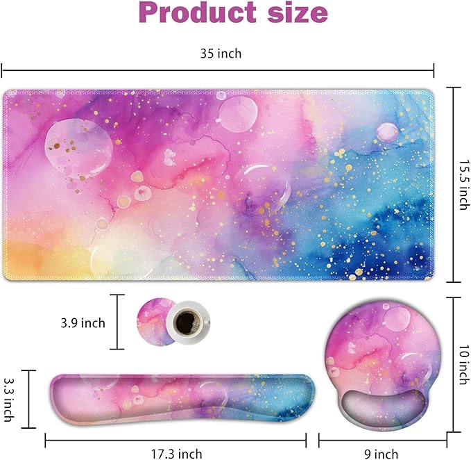 ARTSO Large Mouse Pad and Keyboard Wrist Rest, Ergonomic Mouse Pad with Wrist Support, Non-Slip Desk Mat Protector for Office, Home -Blue Pink Ink Marble