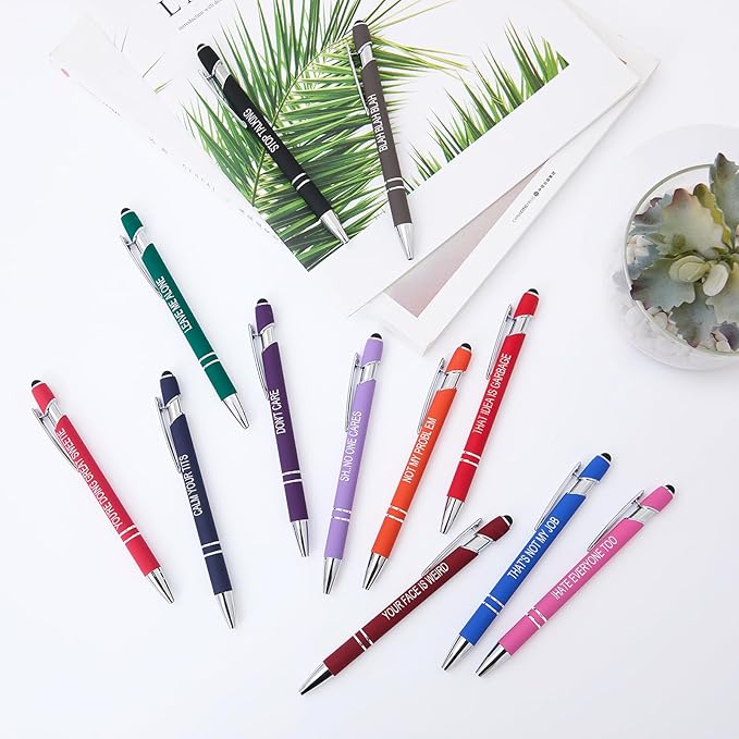 Funny Pens, 12 Pcs Fine Point Smooth Writing Pens, Sarcastic Ballpoint Pens with Touch Stylus Tips, Black Ink 1.0 Mm Snarky Pens, Gift Office Desk Accessories
