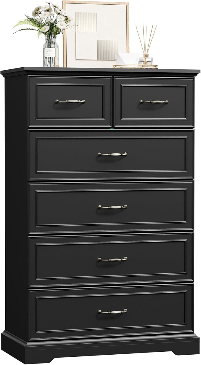 6 Drawer Dresser for Bedroom, 49" Tall Wooden Chest of Drawers, Rustic Farmhouse Dresser with Large Drawers & Metal Handles, Modern Storage Organizer for Closet, Living Room, Hallway, Black