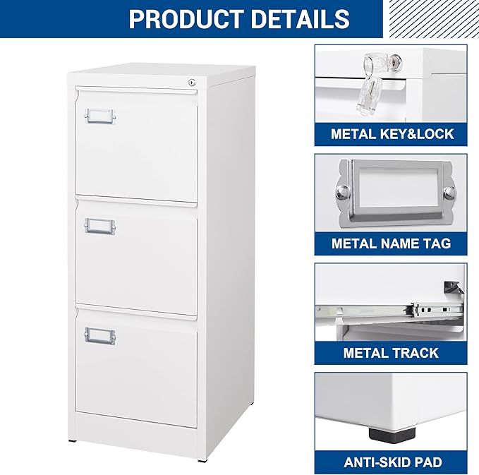 3 Drawers Vertical File Cabinets - 17.8" Deep Lockable Filing Cabinet - White Metal Storage Cabinets for Home Office to Hanging Files Letter/Legal/F4/A4 Size