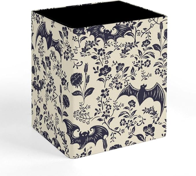 Square Pen Holder & Pencil Organizer for Desk - Office Storage Organizer, Markers/Makeup Brushes/Scissors Holder, Compact Desk Decor Accessories for Home Classroom School(Goth Bats)