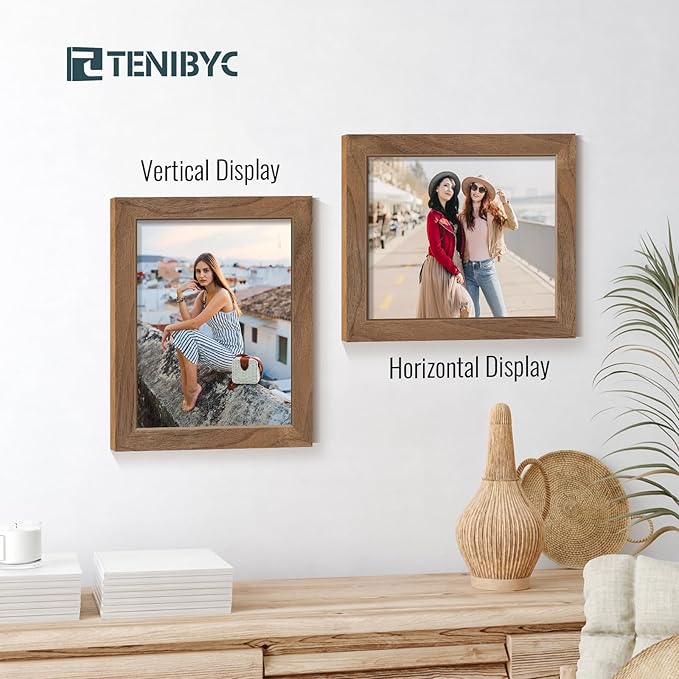 8x10 Picture Frame Set of 4, Brown Wood Grain, HD Tempered Glass, Natural Walnut Photo Frame, Table or Wall Display