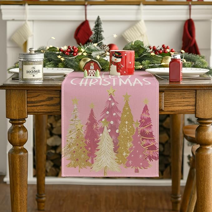 Artoid Mode Xmas Trees Snowflakes Pink Merry Christmas Table Runner, Winter Seasonal Kitchen Dining Table Decoration for Home Party Decor 13x60 Inch