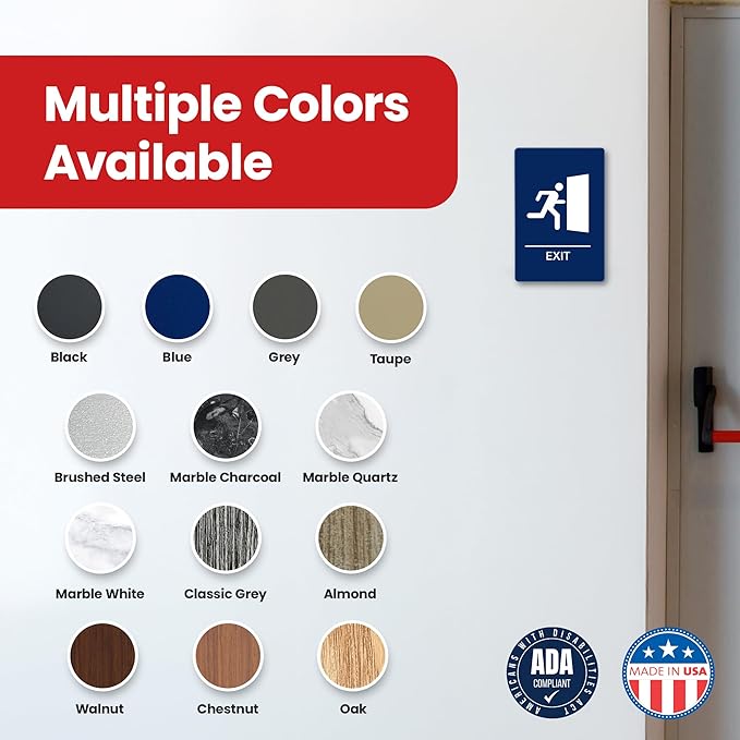 Promot Exit Sign – ADA Braille Exit Sign for Business, Self-Adhesive, 9" x 6", Commercial Door Signage, Office Wall Decor - Blue