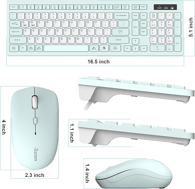 Silent Keyboard and Mouse Combo Wireless,ful-Sized Wireless Keyboard and Adjustable DPI Mouse, 2.4GHz USB Receiver, Keyboard and Mouse for PC, Windows, MAC, Desktop, Laptop (Mint Green-B)