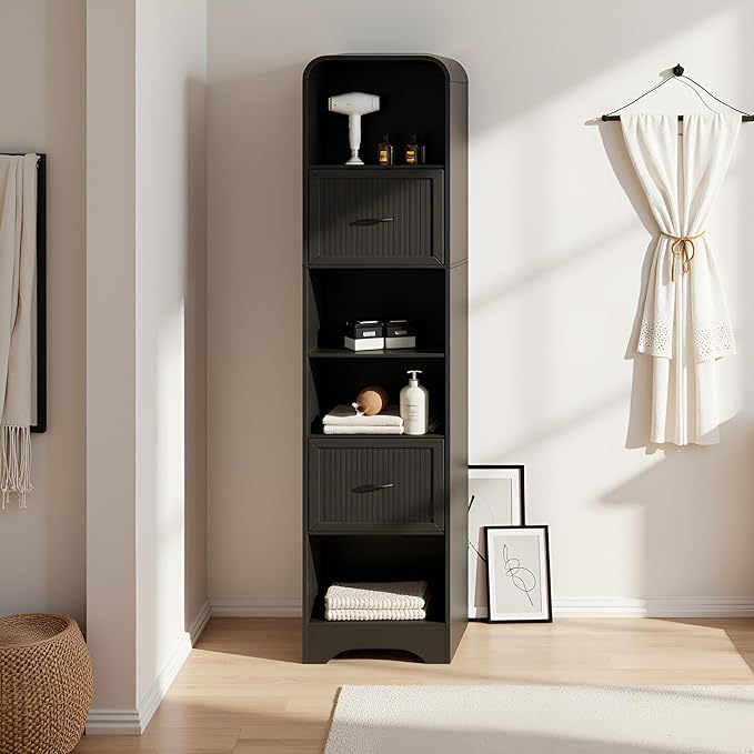 70" Tall Arched Bookcase and Book Shelf, Narrow Bookshelf with Drawers, Modern Wooden Bookshelves w/Adjustable 2 Bins Storage, Skinny bookshelf w/Open Display Shelves for Living Room, Office, Black