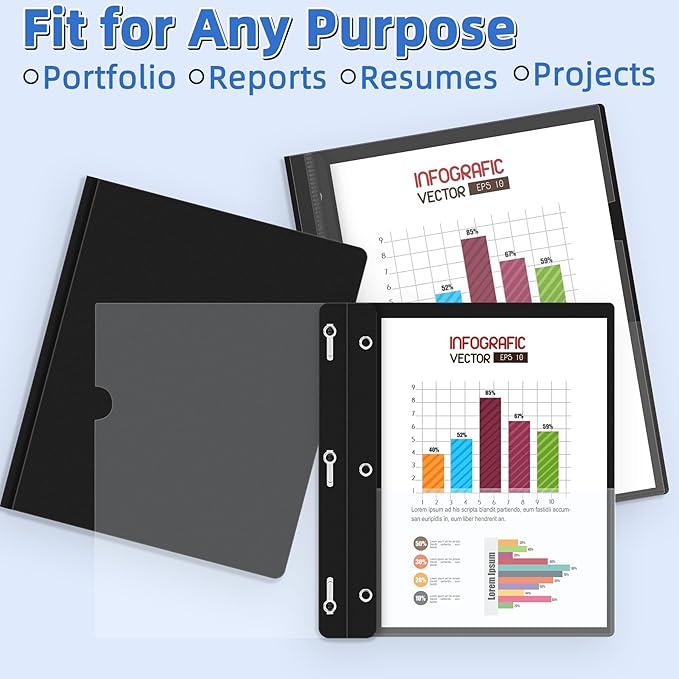 HAUTOCO 12 Pack Plastic Report Covers with 3-Prong Fasteners Clear Front Resume Portfolio Folder for 8.5x11 Letter Size Paper, Presentation Document Report Folders for Office School Use, Black