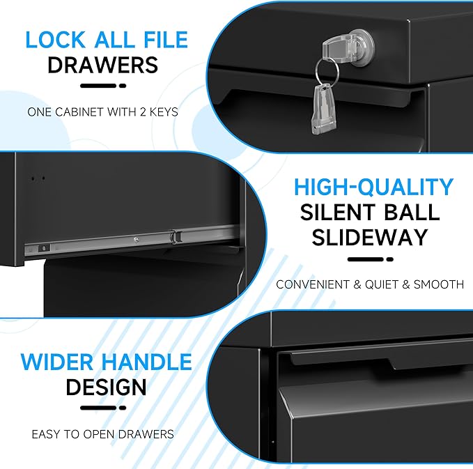 Bestoo 3-Drawer Mobile File Cabinet with Lock, Metal Filing Cabinet on Wheels for Home Office Under Desk, Fits File Folders, Letter/Legal/F4/A4 Size, Assembly Required (Black)