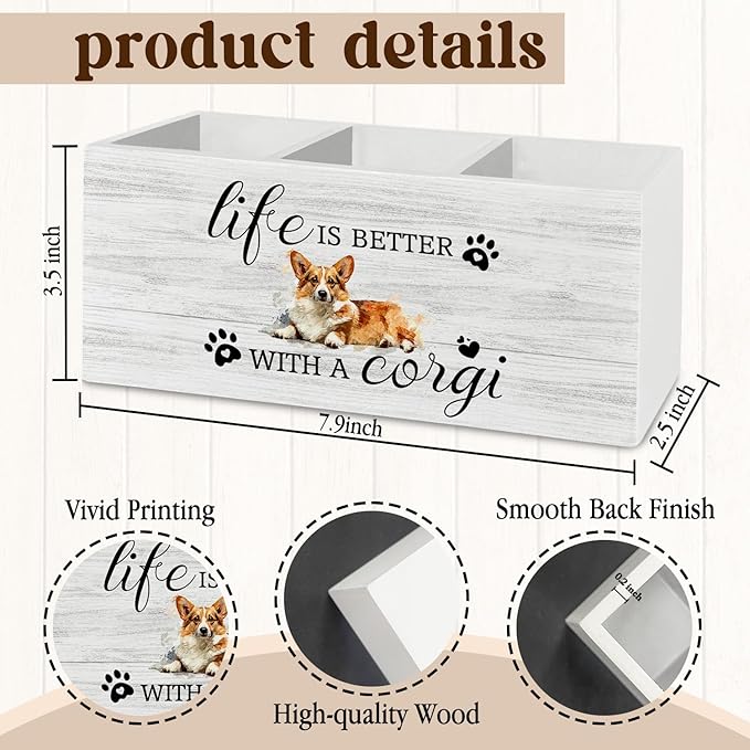 Corgi Gifts Pen Pencil Holder Organizer for Desk Accessories, Life Is Better With a Corgi Wooden Box Sign Desk Decor for Home Office Decoration, Dog Mom Lovers Owner Gifts for Women