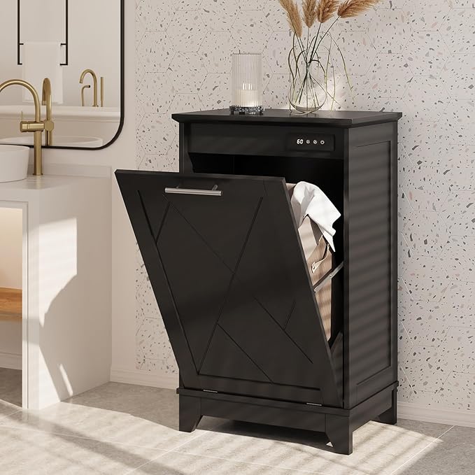 Tilt Out Trash Cabinet, Kitchen Trash Can Cabinet w/Negative ion and deodorizing Function, Dog Proof 10 Gallon Garbage Can Cabinet for Kitchen, Bathroom, Living Room, Black