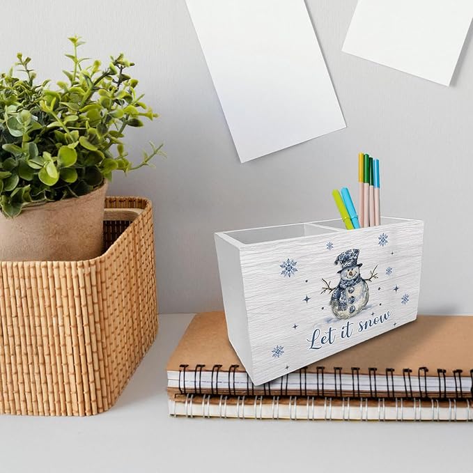 Chinoiserie Christmas Snowman Pen Holder for Desk, Winter Snowman Wooden Box Sign Desk Decor for Home Office Decoration, Grandmillennial Christmas Pencil Organizer