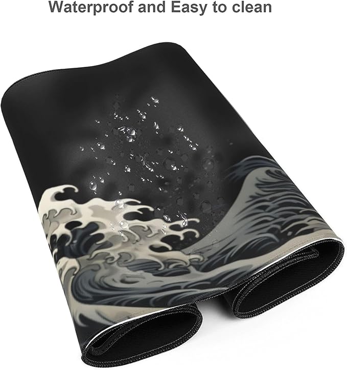 Stylish Japanese Ukiyo-e Style White and Black Ocean Wave Art Print Themed Mouse Pad 31.5 x 12 Inch, Anti-Slip Rubber Base, Ideal for Computer, Laptop, Office & Home Use
