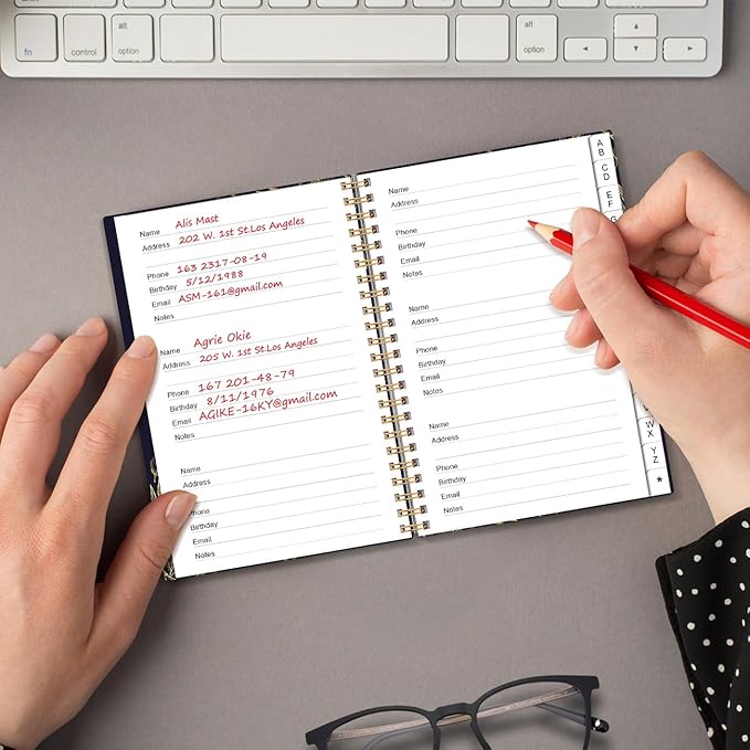 Address Book with Alphabetical Tabs - Small Address Book Spiral with Address Contacts, Special Date, Phone, Birthday & Internet Login Password for Home and Office, 4.3" x 6.2", Black Flower