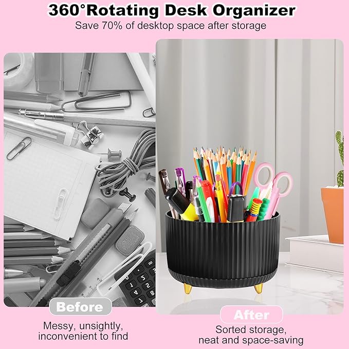Desk Organizers and Accessories Set with 360-Degree Rotating Pen Holder, Tape Dispenser, Stapler, Staple Remover, 1000 Staples, Tape, Clips Set, Ruler, Scissor, Pen