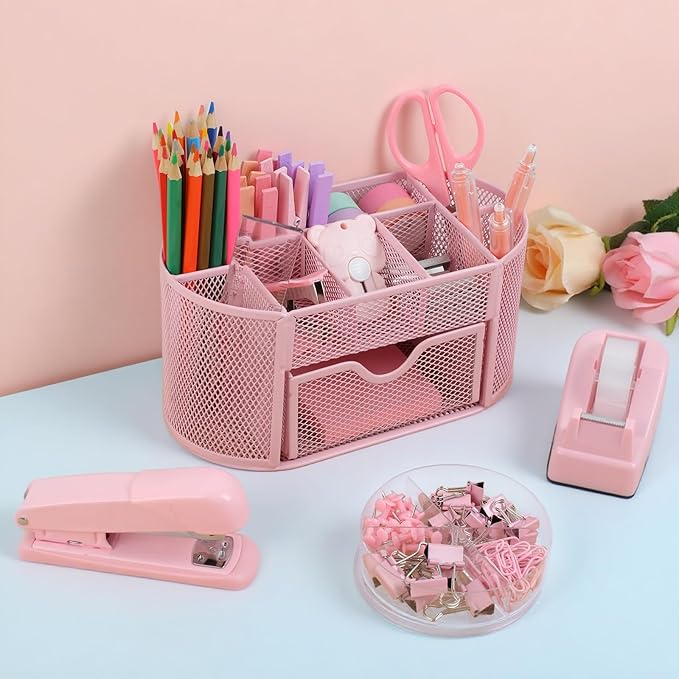 Office Supplies for Desk,14pcs Pink Desk Sets and Accessories, Office Supply Kit with Mesh Desktop Organizer and Stapler,Staple Remover, Staples,Tape Dispenser,Sticky Tabs,Scissors, Ruler
