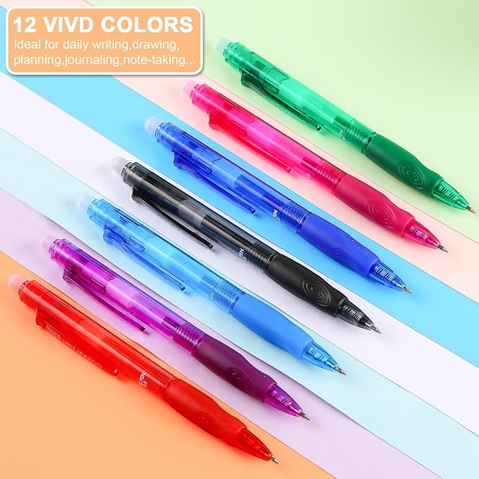 USUAL Retractable Erasable Pens 12 Colored Erasable Gel Pen 0.5mm Erasable Gel Pens Black Make Mistakes Disappear Smooth Writing Pen Office Back-to-School Supplies (12 Colors)