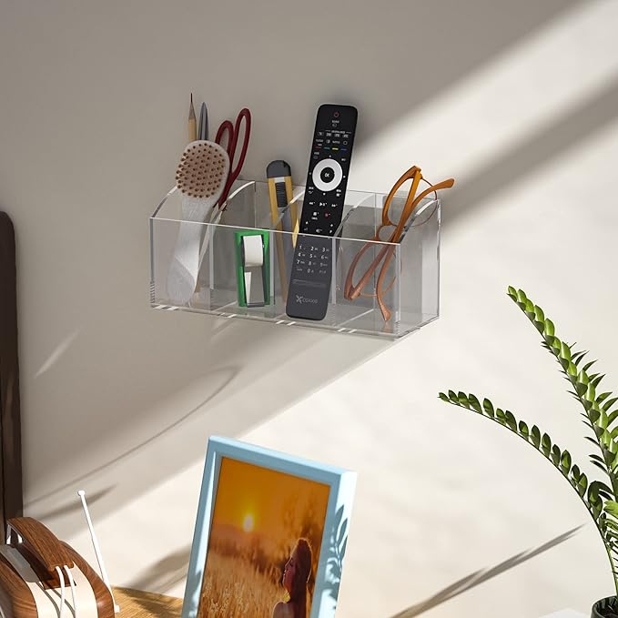 Acrylic Pen Holder 4 Compartments, Clear Pen Organizer Makeup Brush Holder, No Drill Wall Mounting Pencil Holder Office Accessories