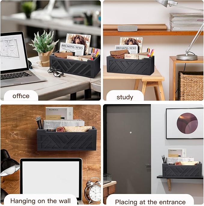 Mail Organizer Mail Holder Countertop with 2 Slots, Wood Mail Basket for Wall Table Desk, Envelope Bill Holder for Home Office Decor (Black-2)