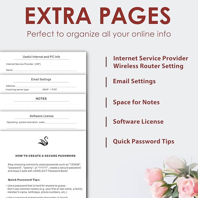 Elegant Password Book with Alphabetical Tabs - Hardcover Password Book for Internet Website Address Login - 7" x 10" Password Keeper and Organizer w/Notes Section & Back Pocket (Wine Red)