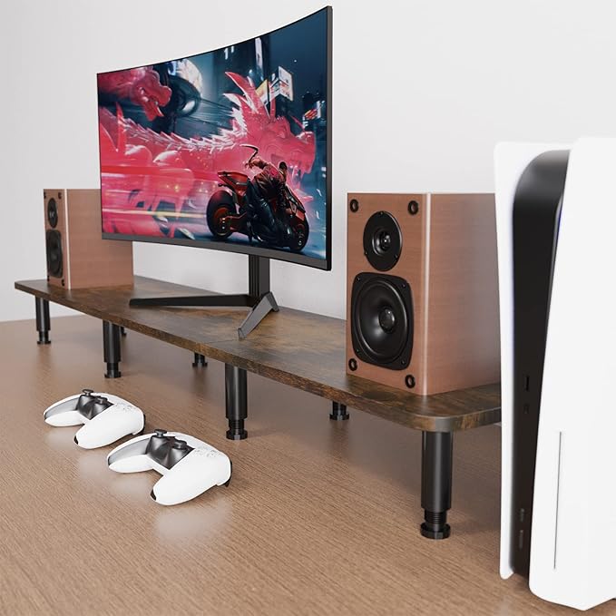 Dual Monitor Stand - 43.7 inch Extra Long Wide TV Stand - Wood & Steel Leg Desktop Riser - Desk Organization - Home Office (Vintage)