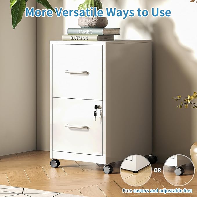 2 Drawer File Cabinet with Lock, Mobile File Cabinets with Wheels, Metal Office Storage Cabinet Under Desk,Vertical Filing Cabinets for Home Office, Required Assembly