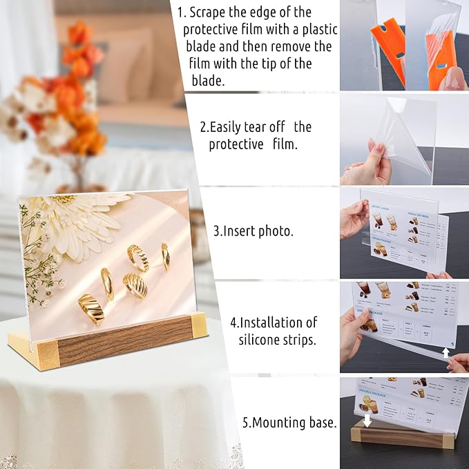 Acrylic Sign Holder 8.5x11 Inch with Wood-Color Base, Tabletop Display Sign Frame Horizontal Clear for Store/Coffee Shop/Restaurant Menu Display Hotel/Office Show Exhibitions Holder, 2 Pack L Shape