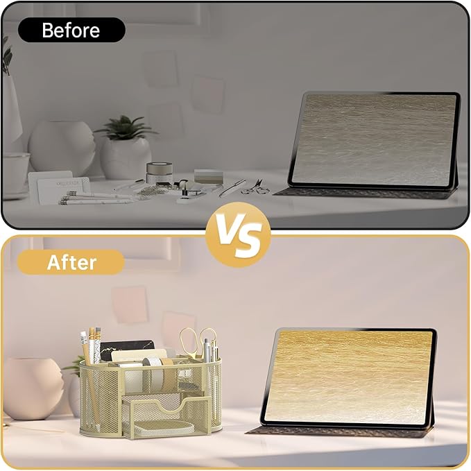 SUPEASY Mesh Desk Organizer, Desk Accessories & Workspace Organizers with Drawers, Pencil Holder for Desk with 9 Compartments for Office Suppliess, 8.6 x 4.3 x 4.1 Inch, Yellow